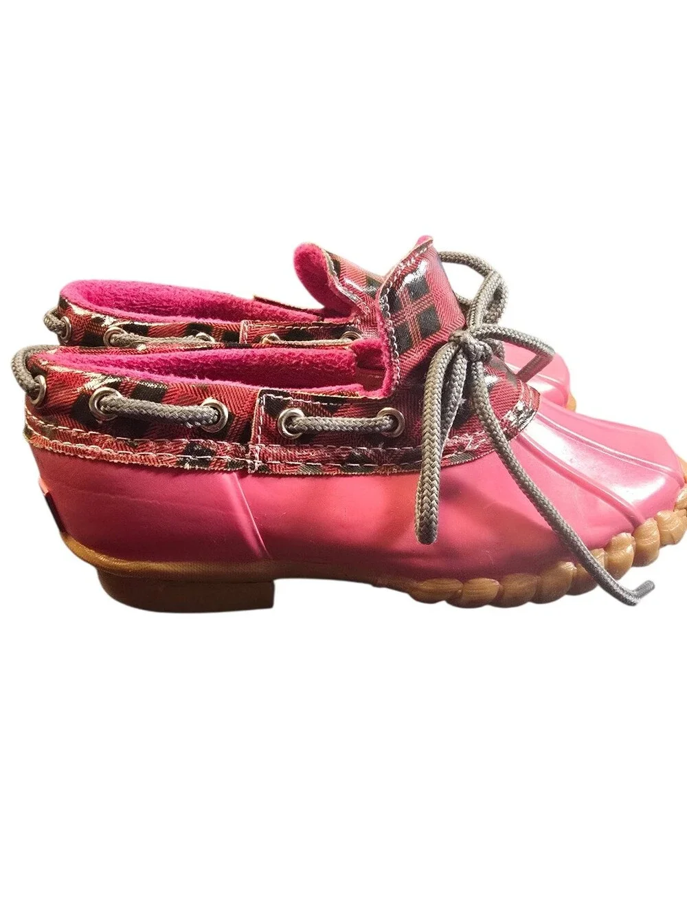 Sperry Girls Saltwater Duckie Boots Red Plaid Pattern Pink Bottom Sz.13